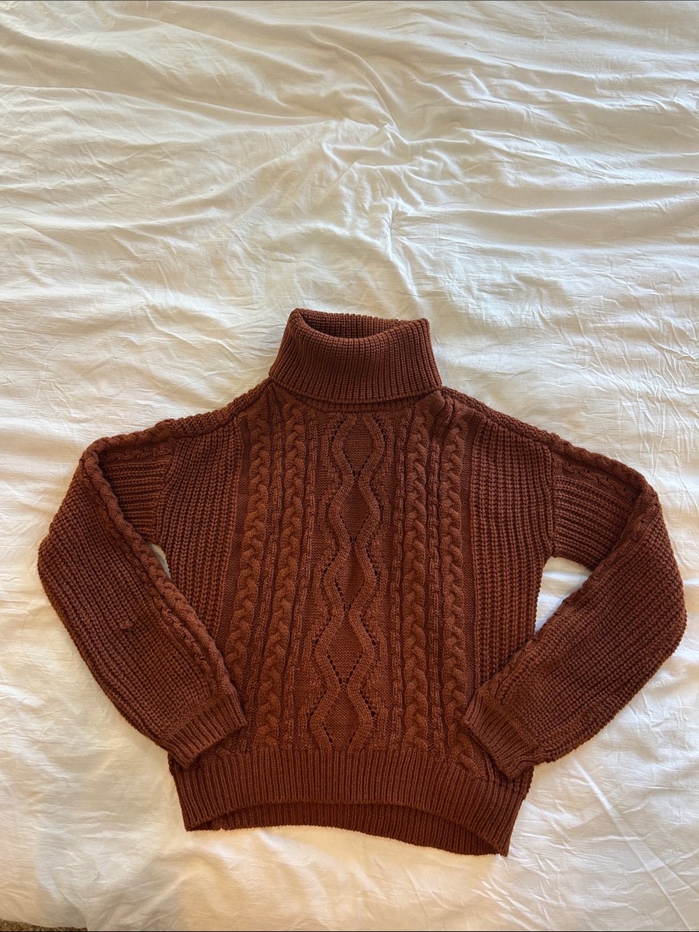 Almost Famous Cable Knit Turtleneck Sweater in Rust Brown